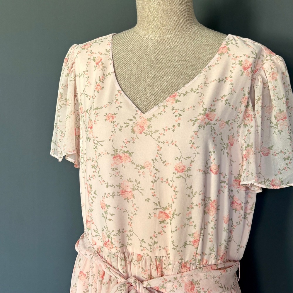 Rachel Parcell Pink Floral Chiffon Flutter Sleeve Tie Waist Midi Dress XL